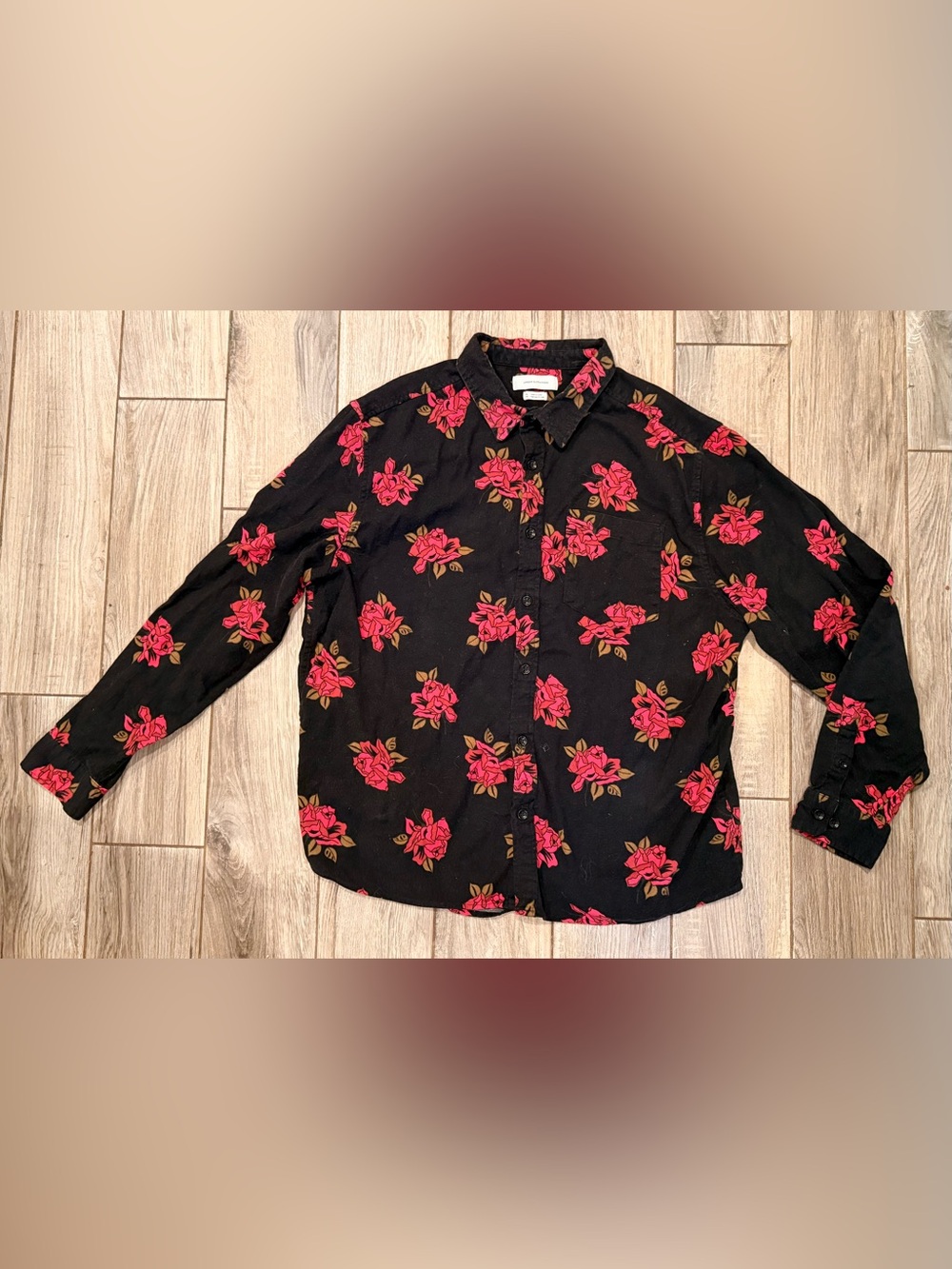 Urban Outfitters Black Button-Down Shirt with red Rose Print